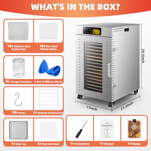 Septree Commercial Food Dehydrator 18 Trays, 2000W Large Capacity 34.42ft² Food Dryer Machine for Jerky, Meat, Fruit, Herbs, Full Stainless Steel Industrial Dehydrater Biltong Maker