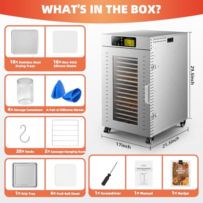 Septree Commercial Food Dehydrator 18 Trays, 2000W Large Capacity 34.42ft² Food Dryer Machine for Jerky, Meat, Fruit, Herbs, Full Stainless Steel Industrial Dehydrater Biltong Maker