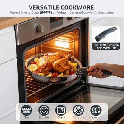 Ciwete 6-Piece Hybrid Stainless Steel Pots and Pans Set Non Stick, Tri-Ply Stainless Steel Cookware Set with Lids and Detachable Handle, PFOA Free Kitchen Skillet for All Cooktops, Dishwasher Safe