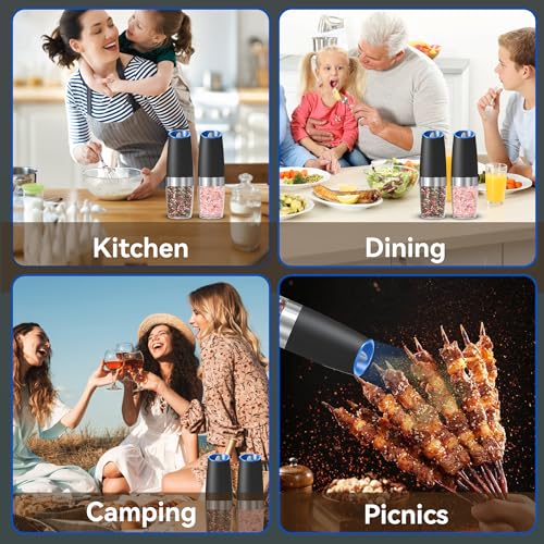 UNNEES Battery Operated Gravity Electric Salt and Pepper Grinder Set, Automatic Salt and Pepper Grinder Set, Adjustable Roughness,12 Batteries Required, LED Light, 2 Pack, (Black)