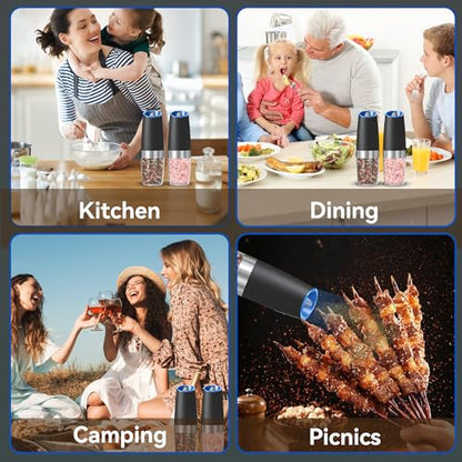 UNNEES Battery Operated Gravity Electric Salt and Pepper Grinder Set, Automatic Salt and Pepper Grinder Set, Adjustable Roughness,12 Batteries Required, LED Light, 2 Pack, (Black)