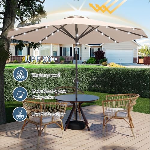 Tobeos 9FT Patio Umbrella with Solar Lights,Outdoor Market Umbrella with Tilt and Crank, LED Lighted Table Umbrella for Garden,Deck,Backyard,Pool,Beach (Beige)