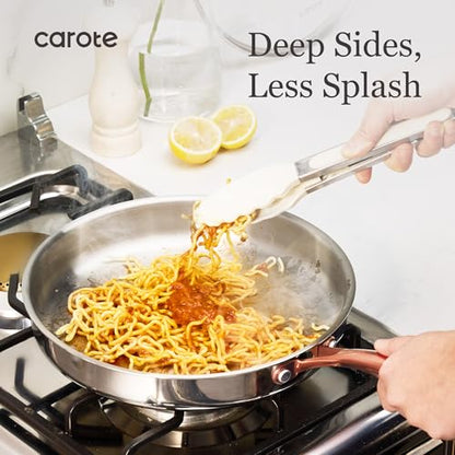 CAROTE 10" Tri-Ply Stainless Steel Frying Pan, Non-Toxic Egg Pan Omelet Pan, Oven Safe, Induction, Ceramic and Gas Cooktops Compatible, Polished Silver