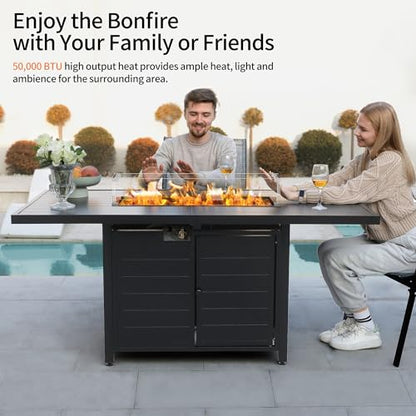 PIZZELLO 7 Pieces Patio Furniture Set w/ 60" Gas Fire Pit Table and 6 Patio Dining Chairs, Outdoor Conversation Set 50,000 BTU Aluminum Propane Fire Pit Stackable Patio Chairs Set of 6 for Backyard