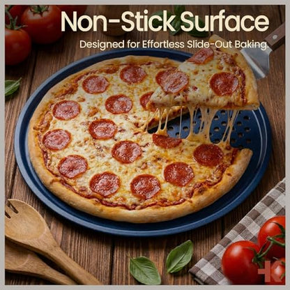 Bakken Pizza Baking Pan - Round Perforated Carbon Steel Pan with Non-Stick Marble Coating, Oversized Silicone Handle, Dishwasher Safe, High-Temperature Resistant, Durable & Easy Cleanup - Blue, 2 Pack