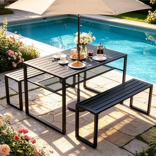 Outvita 49" Metal Patio Dining Set w/Umbrella Hole, Storage Shelf