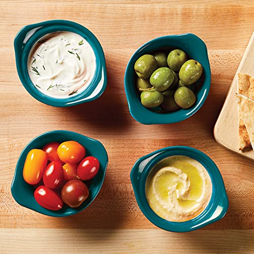 Rachael Ray Solid Glaze Ceramics Round Ramekins/Dipping Cup Set, 4 Piece, Teal