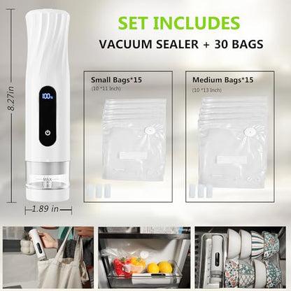 ALLHOPE Compact Vacuum Sealer for Food Storage: Portable Handheld Food Sealer, 80kPa Suction, 1800mAh Battery, 30 Reusable Vacuum Bags, Preserve 5X Freshness with Easy Operation