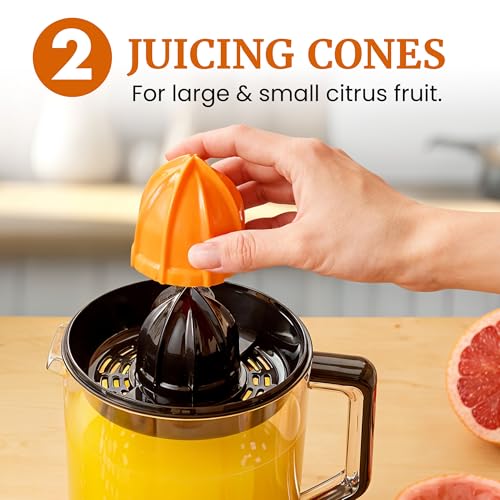 Elite Gourmet ETS047 BPA-Free 40-Watt Electric Citrus Juicer with 2 Cones, Compact, Large Volume, Pulp Control, Oranges, Lemons, Limes, Grapefruits with Easy Pour Spout, 1.2L, Black/Stainless Steel