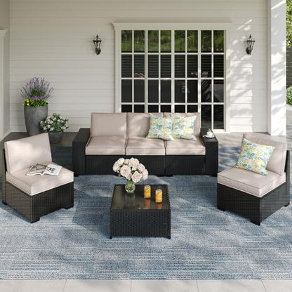 SunloungeCo Patio Furniture Set, 6 Pieces Outdoor Couch Sofa with Wider Armrests & Glass Coffee Table, Outdoor Sectional Furniture with Thick Cushions for Party, Poolside,Garden-Beige