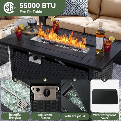 Aoxun 8 Piece Patio Furniture Set with 44” Fire Pit Table Wicker Patio Sectional Sofa Set Outdoor Seating Furniture with Thickened Cushion, Beige