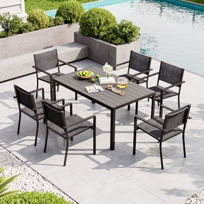 Aoxun 7-Piece Patio Table and Chairs Set for 6, All Weather Outdoor Dining Set with 6 Textilene Chairs and 1 Rectangular Metal Table, Patio Dining Sets for Backyard, Garden and Poolside, Grey