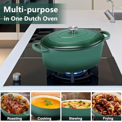 P&P CHEF Oval Dutch Oven with Lid, Enameled Cast Dutch Oven Pot for Bread Baking, Braising, Stewing, Roasting, Non-Stick & Oven Safe, Dual Handles & Easy Clean, 7QT & Dark Green, Valentine's Day
