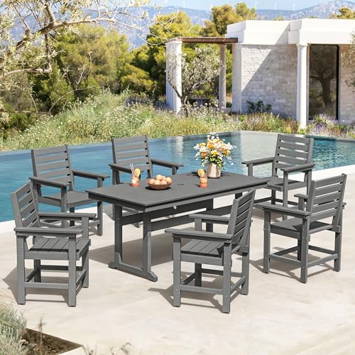Homenjoy 7 Piece Patio Dining Set, 66" Rectangle HDPS Weather Resistant Outdoor Table & 6 Patio Chairs Set with 1.96" Umbrella Hole, Heavy Duty Chairs for Backyard Balcony Deck, Grey