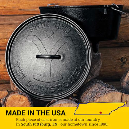 Lodge Pre-Seasoned Yellowstone Stamped Cast Iron Cookware - Use in the Oven, on the Stove, on the Grill, or Over a Campfire - Power Y 8 Quart Dutch Oven