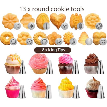 Stainless Steel Cookie Press Gun with 13 Discs & 8 Icing Nozzles, Baking Tools Set, for Effortless Cookie Making and Frosting Decoration
