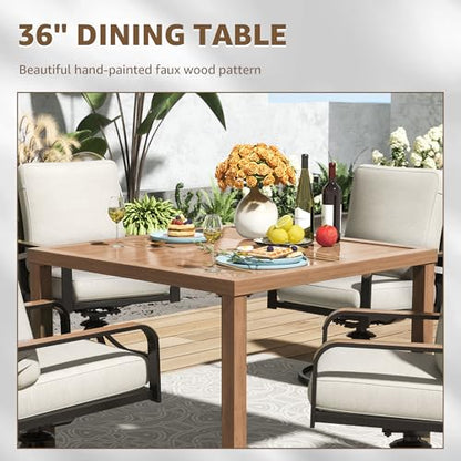 NATURAL EXPRESSIONS 5 Piece Outdoor Patio Dining Sets, 4pcs Swivel Dining Chairs & Square Woodgrain Dining Table with 1.65”Umbrella Hole for Lawn, Garden, Deck, Backyard and Porch
