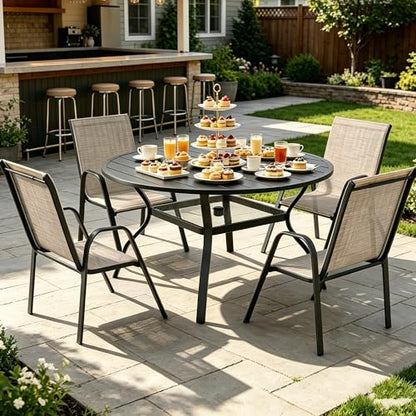 HOMREST 5 Piece Outdoor Patio Dining Table Set of 4,48" Round Metal Table with 4 Stackable Patio Chairs,All-Weather Patio Furniture Set with Umbrella Hole & Storage Shelf for Outside, Brown