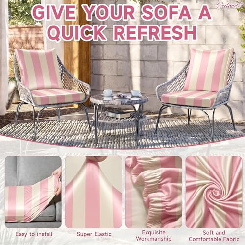 CALBODE 8 Pcs Stretch Striped Seat Cushion Covers, Pink&Beige, Cover Only