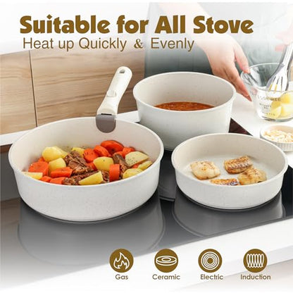 SENSARTE 9 Piece Pots and Pans Set, Nonstick Detachable Handle Cookware, Induction Kitchen Cookware Set with Removable Handle, Healthy Non Stick for RV, Dishwasher ＆ Oven Safe (White)