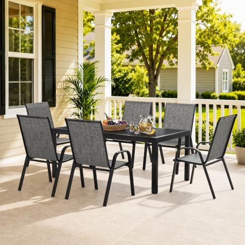 PATIOPIA 7PCS Patio Dining Set, Steel Table & 6 Textilene Chairs, Charcoal