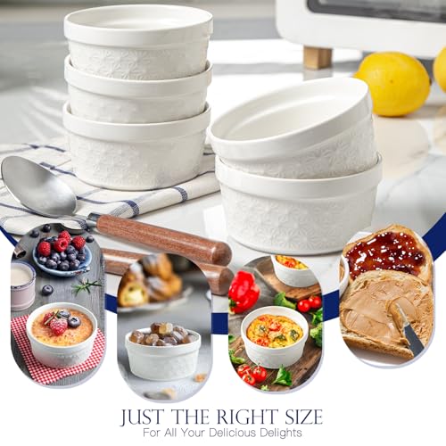 Feenmai 6 Oz Ramekins Oven Safe, Creme Brulee Ramekins Set of 8, Ceramic Souffle Dish, White Porcelain Snowflake Baking Bowls for Dessert, Pie, Tart, Souffles, Appetizers
