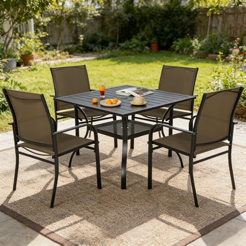 SUNCROWN 5 Pieces Outdoor Dining Set, Patio Furniture Set with 4 x Textilene Dinning Chairs and 1 Steel Slat Metal Bistro Table for Lawn Garden Backyard Deck - Brown