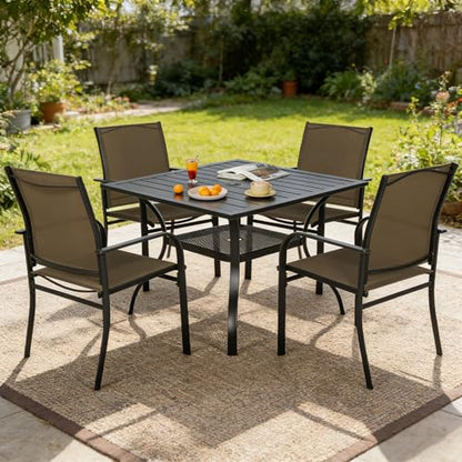SUNCROWN 5 Pieces Outdoor Dining Set, Patio Furniture Set with 4 x Textilene Dinning Chairs and 1 Steel Slat Metal Bistro Table for Lawn Garden Backyard Deck - Brown