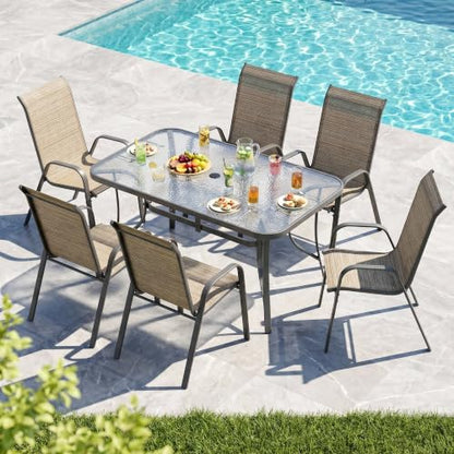 MAMIZO 7 Pieces Patio Dining Set for 6, Glass Table and Textilene Chairs