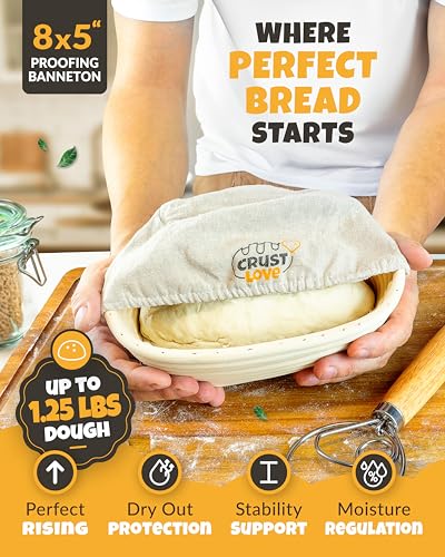 CRUSTLOVE Loaf Pan for Bread Baking - incl. Sourdough Bread-Baking Supplies like Banneton Bread-Proofing Basket - 2QT Enameled Oval Cast Iron Dutch Oven, Bread-Oven, Sour Dough Bread-Banking-Pan Tools