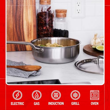 Heritage Steel x Eater 3 Quart Saucier with Lid | Made in USA | 5-Ply Fully Clad Stainless Steel Pan | Stay Cool Handle Design | Induction Capable & Non-Toxic Cookware