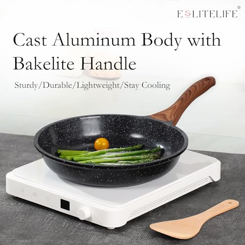 ESLITE LIFE Nonstick Ceramic Frying Pans Skillets Set with Lids, Non-Toxic Egg Omelette Kitchen Cooking Pans Compatible with All Stovetops (Gas, Electric & Induction), PTFE & PFOA Free (Black)