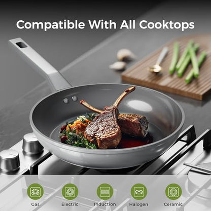 Sanho 10 Inch Frying Pan Nonstick, PFOS/PFOA/PTFE-Free Healthy Ceramic Coating, Induction Compatible Cookware for All Stovetops, Dishwasher Safe, Gray