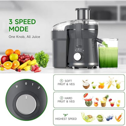 Juicer Machine, 500W Centrifugal Juicer Extractor with 3 Speed & Wide Mouth 3” Feed Chute for Fruit Vegetable, High Yield Juicer Included Cleaning Brush for Easy to Clean, Gray