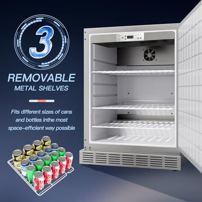 cureder 24 Inch Outdoor Refrigerator, Built-in Stainless Steel Beverage Beer Cooler Under Counter Fridge, Indoor/Outdoor Refrigerator with 3 Shelves for Patio Kitchen and Commercial Use