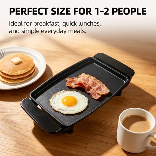 I-Keukenn Small Electric Griddle, 10 Inch Mini Ceramic Non-Stick Electric Skillet with Adjustable Thermostat, 1200W Single Serve Grill for Breakfast, Cooking for Pancakes, Eggs, Sausage