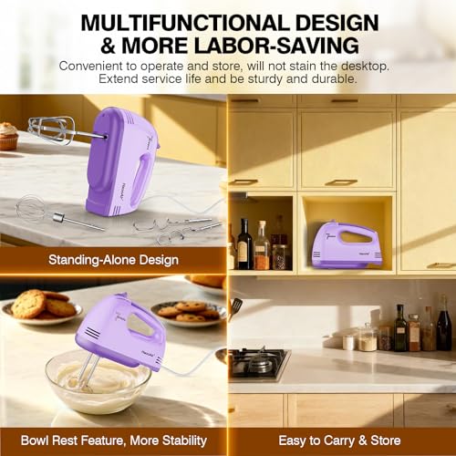 HaooAir Electric Handheld Mixer, 7-Speed Adjustable Kitchen Mixer, 5 Stainless Steel Accessories (2 * Dough Hooks, 2 * Beaters, 1 * Whisk), Perfect for Kitchen and Baking Food Mixers, Purple