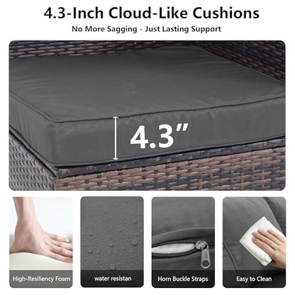 Decksplore 7 Piece Outdoor Patio Furniture Set, Rattan Weather-Resistant Outdoor Conversation Set, Outside Furniture Sectional Sofa Set with 4.3" Anti-Slip Cushions, Glass Table & Rain Cover, Gray