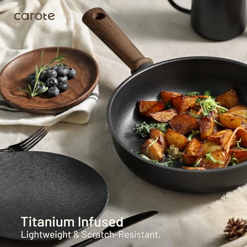 CAROTE 24Pcs Nonstick Kitchen Titanium Cookware Sets, Non stick Pots and Pans set, Induction Cookware Set Black