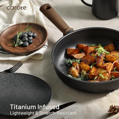 CAROTE 44pcs Nonstick Kitchen Titanium Cookware Sets, Nonstick Pots and Pans, Induction Cookware Set Kitchen Cooking Sets, Non Stick w/Frying Pan,Black