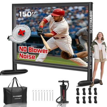 Silent Inflatable Projector Screen I Air-Tight No-Blower Design, Black Backing, 150 inch (Equivalent to 18ft) for Indoor & Outdoor Use Backyard, Pool, Camping, Office, Church by Silvermagic