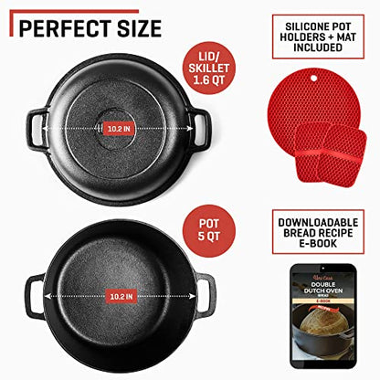 Uno Casa 2-in-1 Cast Iron Dutch Oven Large - 5 Quart Dutch Oven Pot with Lid, Pre-Seasoned Cooking Dish for Bread Baking and Stews - Heavy Duty Cast Iron Pot with Detachable Frying Pan Lid for Versatile Cooking