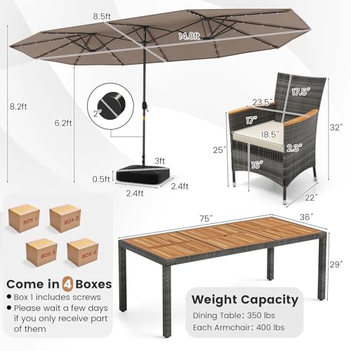Tangkula 11 Pieces Patio Dining Set with 15 ft Double-Sided Patio LED Umbrella (Base Included), Outdoor Rattan Furniture Set with 8 Armchairs, 1 Rectangular Acacia Wood Dining Table (Tan)