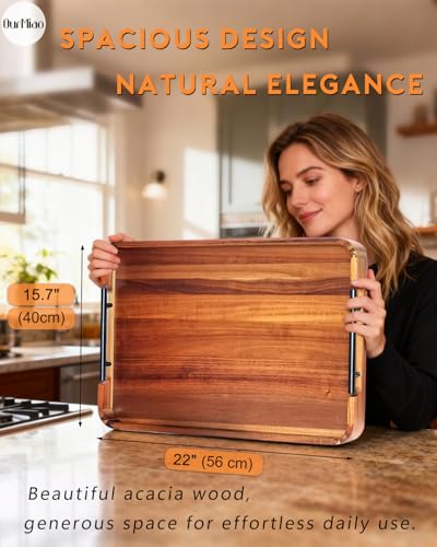 OurMiao 22 x 15.7 Inches Acacia Wood Serving Tray with Metal Handles, Large Rectangular Ottoman Tray with Rounded Corner, Great for Living Room, Coffee Table, Kitchen, Serving Food & Hosting