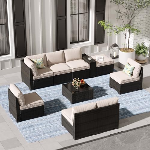 Jing's Villa 9-Piece Patio Furniture Set, All-Weather Outdoor Wicker Sectional Sofa with Cushions, Tempered Glass Table & Ottoman, Rattan Conversation Seating for Porch, Garden, Backyard,Beige