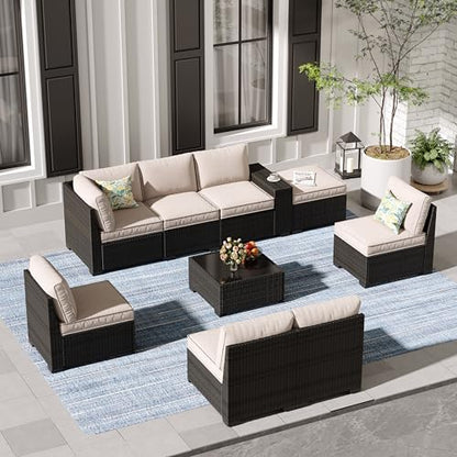 Jing's Villa 9-Piece Patio Furniture Set, All-Weather Outdoor Wicker Sectional Sofa with Cushions, Tempered Glass Table & Ottoman, Rattan Conversation Seating for Porch, Garden, Backyard,Beige