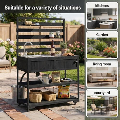 SKJDCSDLLSN Mobile Outdoor Grill Cart with Integrated Sink and Faucet, Portable Solid Wood Kitchen Island on Wheels with 2-Tier Shelving, Backyard BBQ Prep Table & Potting Bench for Garden