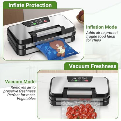 95kPa Vacuum Sealer Machine, Dual Pump, Vacuum & Inflate, Double Heat Seal