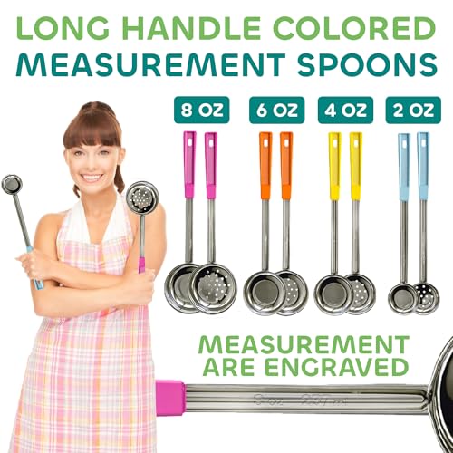 Portion Control Serving Spoons - (8 Piece Set) Restaurant Measuring Serving Ladle Utensils for Weight Loss, Bariatric Gastric Sleeve, Includes 2, 4, 6, 8 oz Solid & Perforated Scoops, 14-1/4" Long