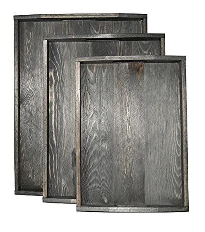 Owlgift Vintage Grey Wood Serving Trays with Brass Metal Wrap Accents, Set of 3